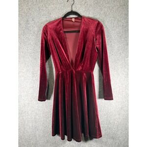 American Apparel Dress Medium Burgundy Velvet Deep V Neck Long Sleeve Skater Min
